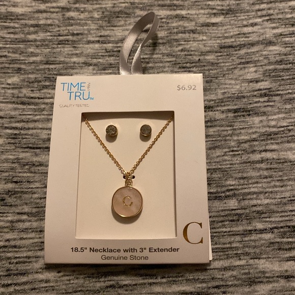 Genuine Rose Quartz with "C" Initial Disc Necklace and Earring Set 18.5” - Picture 3 of 12